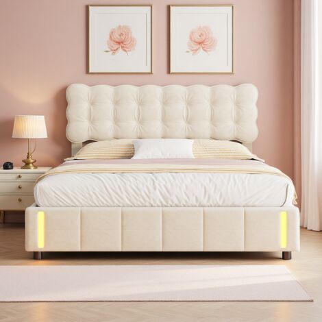 Lits Capitonné 140x190 cm avec Tête de Lit Moderne, Lit Coffre avec LED et Système Hydraulique, Lit Fonctionnel 140x190 cm avec Sommier à Lattes en Bois, Beige Velours