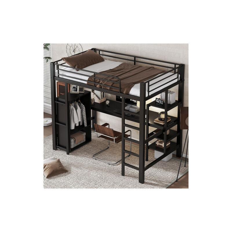 Lit mezzanine 90x200 cm avec bureau et penderie, étagère de rangement, échelle 5 marches, sans matelas, noir