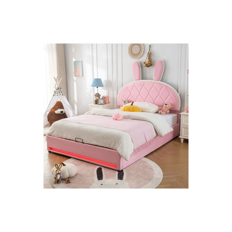 Lits coffre Lit adulte Lit capitonné 140x200 cm avec tête de lit réglable, décor oreilles de lapin, sans matelas, velours, rose