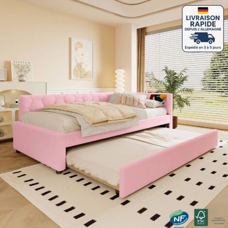 Lits enfant 90x200 cm, lit simple avec lits gigognes 89x188 cm, USB, imitation velours de laine, rose