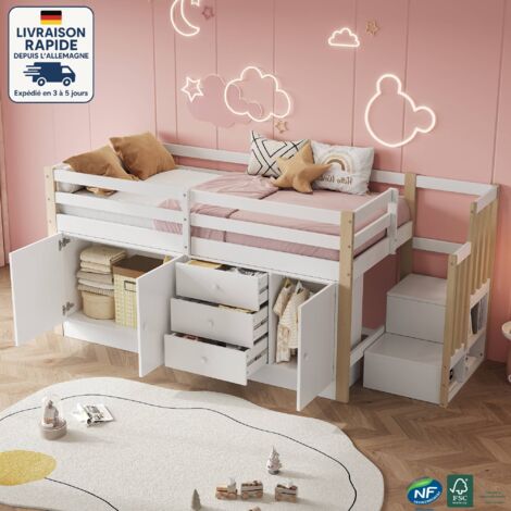 Lits enfant avec tiroirs 90x200cm avec 3 tiroirs 2 rangements, escalier avec compartiments de rangement, sans matelas, MDF+Bois, blanc