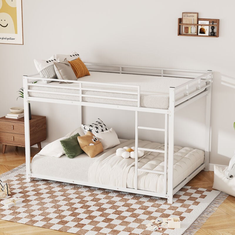 Okwish - Lit superposé 140x200 cm lit enfant avec échelle et barriére de protection, en métal, blanc, sans matelas