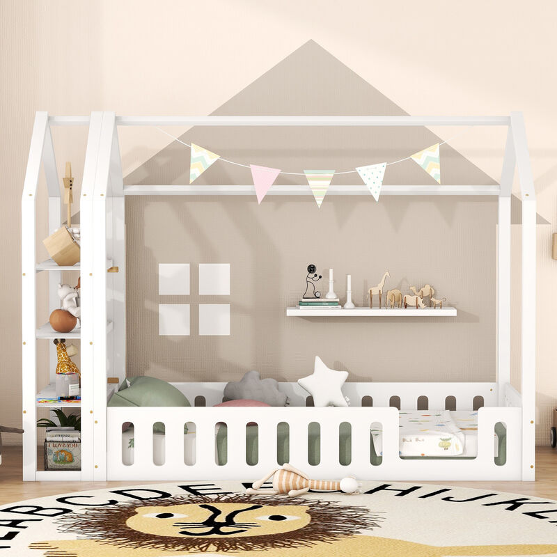 Elbs - Lit enfant cabane 90x200cm avec 3 étagères et barrières de sécurité - Blanc