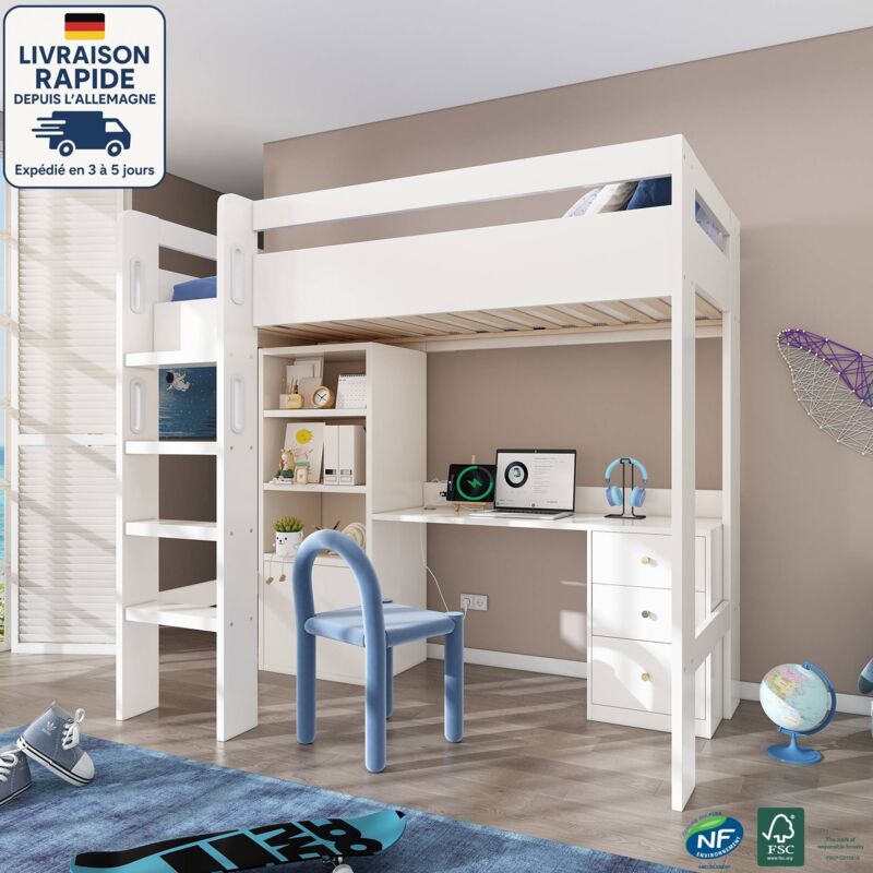 Lits mezzanine 90x200cm, avec bureau et classeur, lits enfants sans matelas, sommier à lattes, usb, mdf, blanc