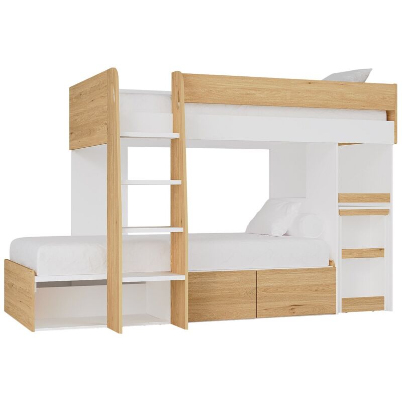 Lits superposés 2 x 90 x 190 cm avec bureau et rangements - Coloris : Naturel et blanc - LOMIDEN