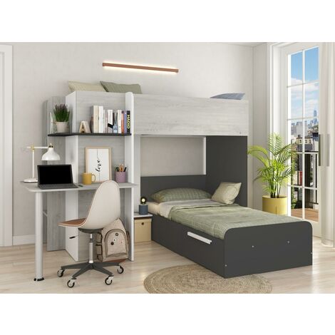 Lits superposés 2 x 90 x 190 cm - Avec bureau - Gris, blanc et noir - SAMUEL - Noir, Gris clair