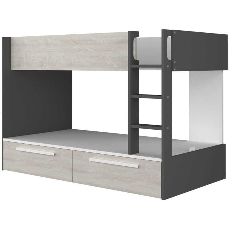 Vente-unique - Lits superposés 2 x 90 x 200 cm - 2 tiroirs - Anthracite, naturel et blanc - tinoli