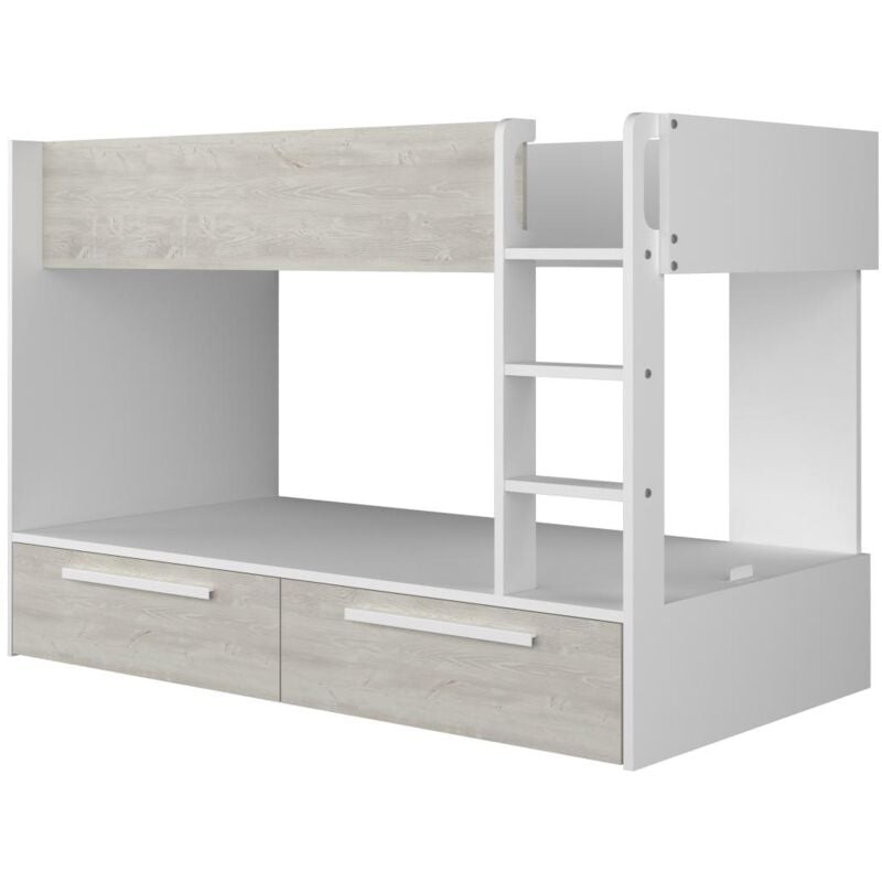 Lits superposés 2 x 90 x 200 cm - 2 tiroirs - Blanc et naturel - TINOLI