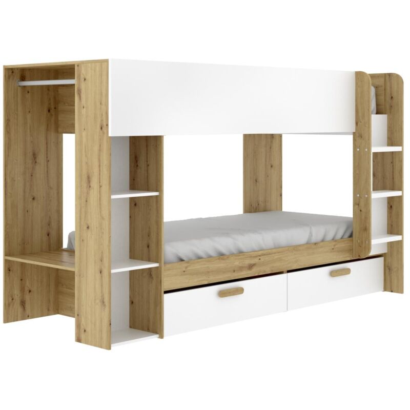 Vente-unique - Lits superposés 2 x 90 x 200 cm avec rangements et penderie - Blanc et naturel - ozana