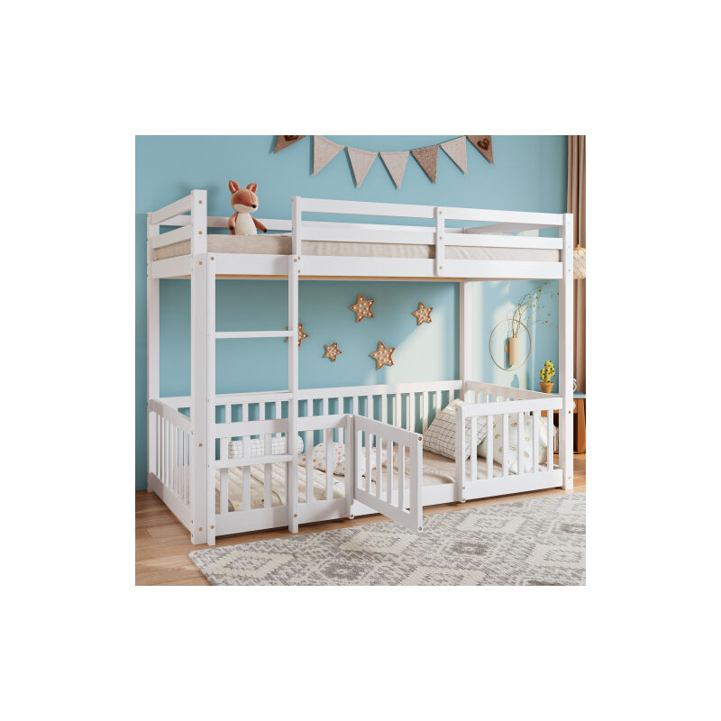 Lit superposé enfant 90x200 cm, cadre de lit superposé en bois avec escalier, clôtures et portes, lit au sol, blanc, sans matelas