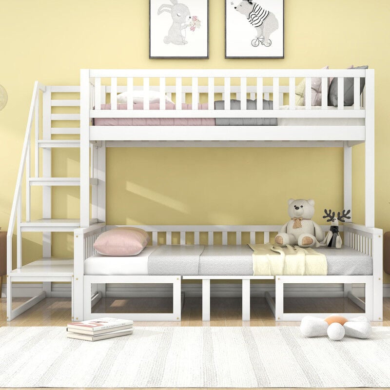 Lits superposés 90x200cm+120x200cm,lits pour enfants,lit familial,Aavec table réglable,avec canapé en bois,avec escalier,cadre en bois de pin