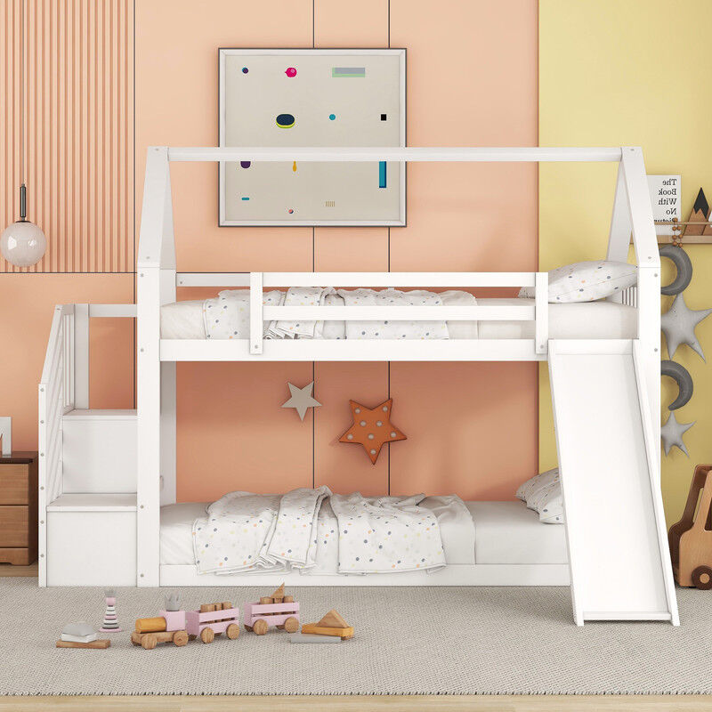 Lits superposés 90x200cm,lit coffre,lit familial,lit pour adolescents,lit bébé avec balustrade,lit avec rangement escalier et toboggan, Blanc