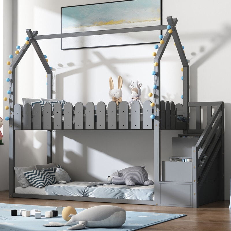 Lits superposés 90x200cm,lits pour enfants,lit familial,lit bébé,lit décoratif avec clôture,avec 2 tiroirs,avec escalier,lit à cadre en bois massif,