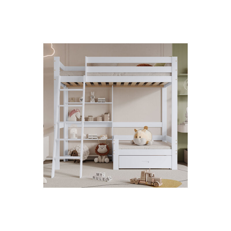Lits superposés avec étagères et canapé, lit en bois avec tiroirs, lit d'enfant avec toboggan à cinq marches, cadre de lit en bois massif