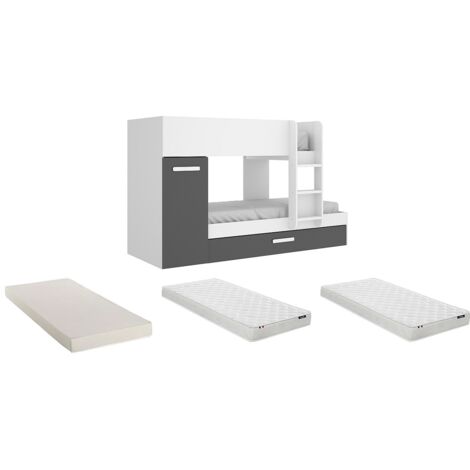 Lits superposés avec tiroir lit gigogne et rangements 3 x 90 x 190 cm - Anthracite et Blanc + matelas - ANTHONY
