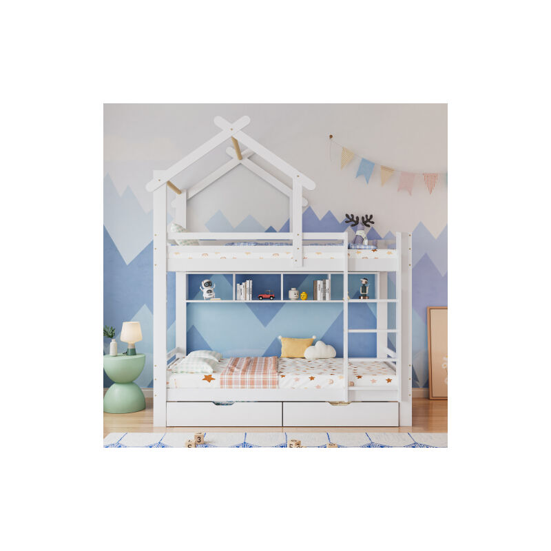 Lits superposés avec tiroirs et étagères, lit familial avec échelle rectangulaire à trois niveaux, lit d'enfant avec protection contre les chutes et