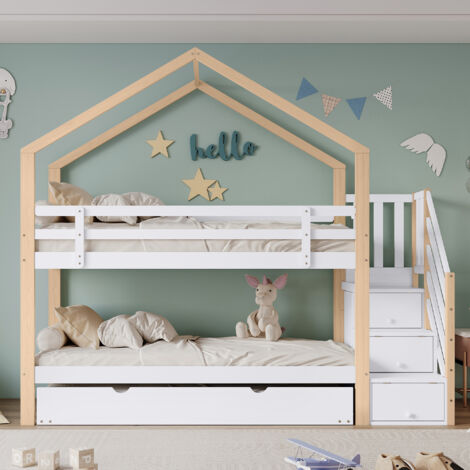 Lits Superposés Cabane - 90 X 200 cm/90 X 190 cm - Avec Escalier À Tiroirs Et Protection Antichute - Naturel + Blanc