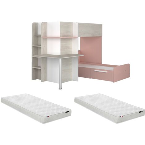 Lits superposés d'angle 2 x 90 x 190 cm - Avec bureau - Gris, blanc et rose + Matelas - SAMUEL