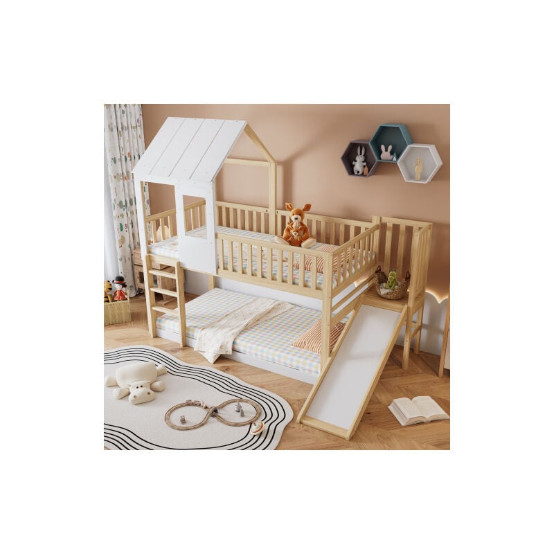 Lit superposé 90x200 cm avec toboggan, lit cabane enfant avec échelle, protection antichute et grille, naturel et blanc, sans matelas