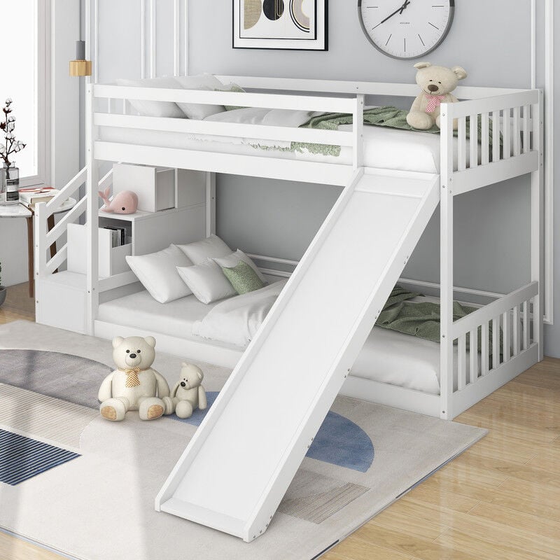 Lits superposés enfant 90 x 200 cm Lit mezzanine enfant avec escalier et toboggan, lit bébé avec 2 tiroirs dans l'escalier, cadre en pin massif,