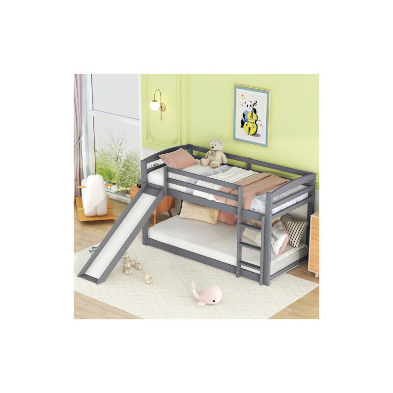 Lit superposé 90 x 200 cm, lit superposé enfant avec toboggan, cadre de lit en bois, gris, sans matelas