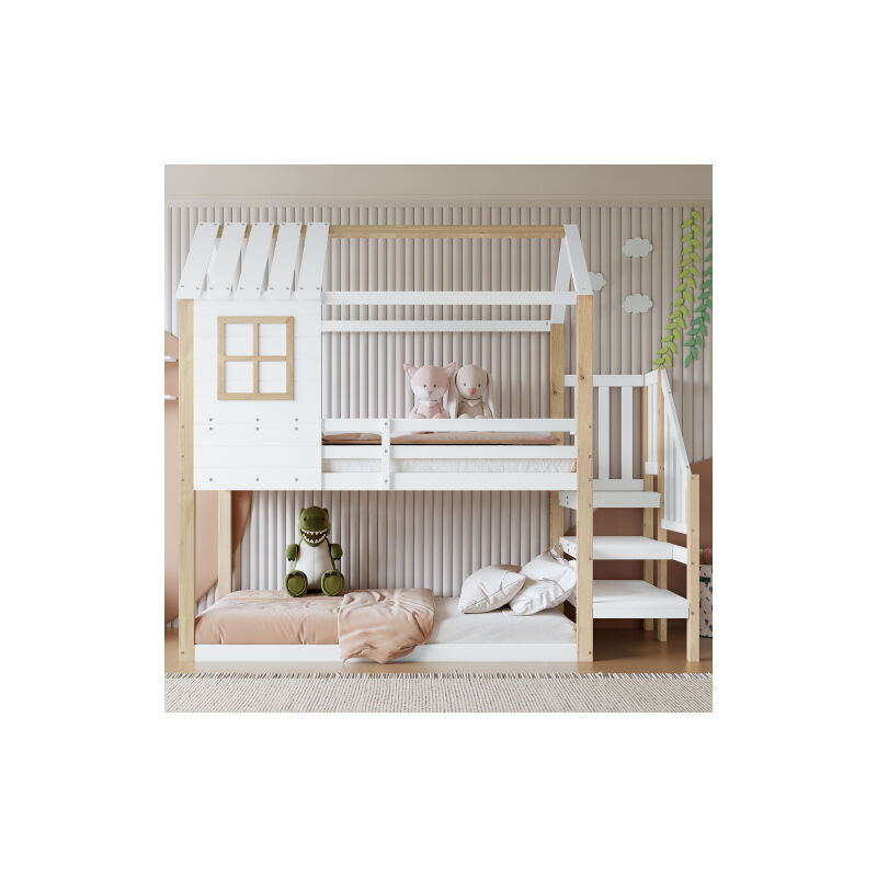Lits superposés, lit avec escalier d'angle, lit familial, lit bébé avec protection contre les chutes et grille, avec fenêtre, design de toit unique,