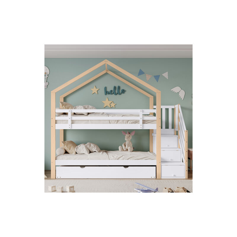 Lits superposés, lit cabane extensible, lit coulissant, escalier avec 4 tiroirs, lit enfant et lit bébé avec cadre à lattes, naturel + blanc