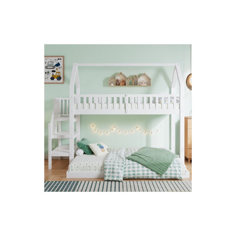 Lits superposés, lit familial avec escalier, lit enfant avec anti - chute et grille, cadre en pin, blanc (90x200 & 140 190cm)