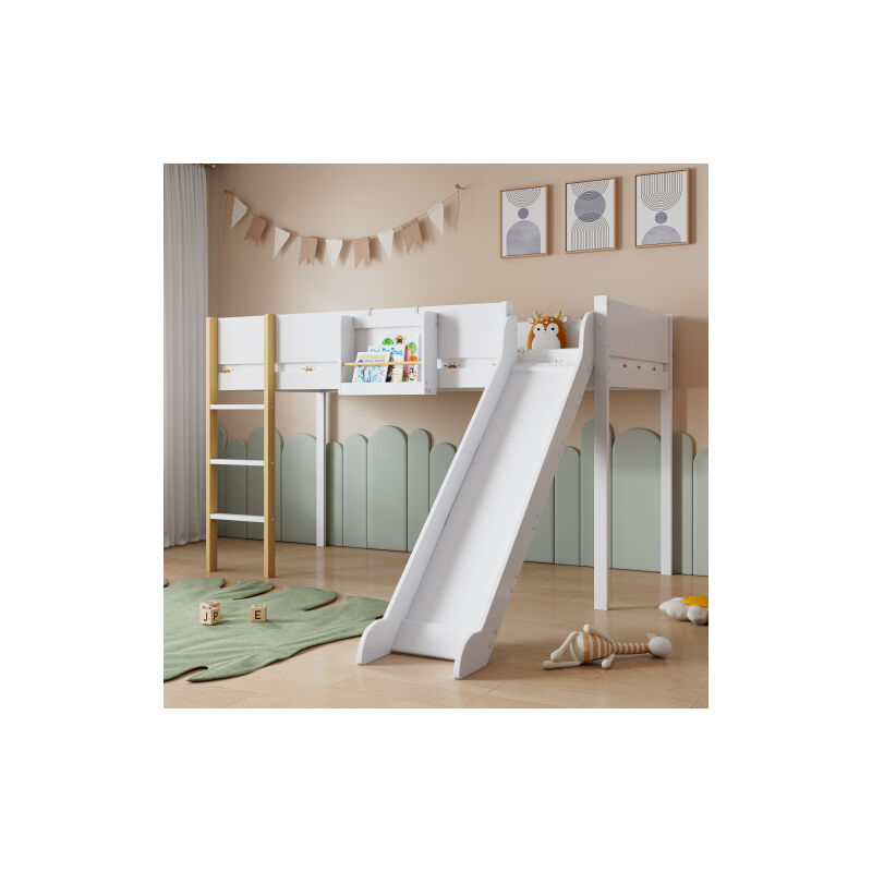 Lits superposés, lits superposés avec triple échelle droite, lit bébé, lit Junior avec toboggan, avec étagère amovible, pin + MDF, blanc + nature,