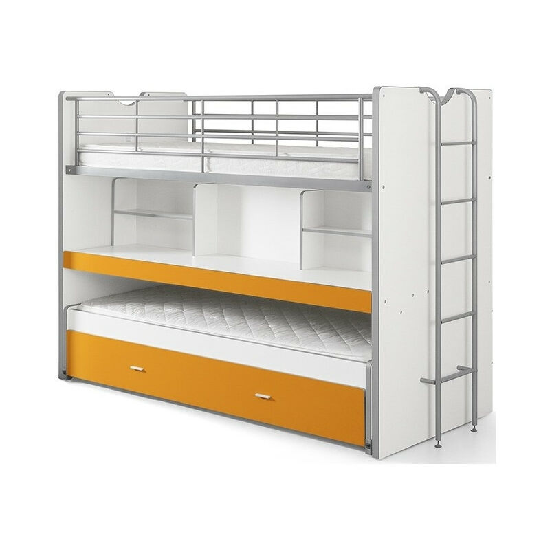 Lit superposé 3 niveaux bois blanc et orange Bonny 90x200 cm