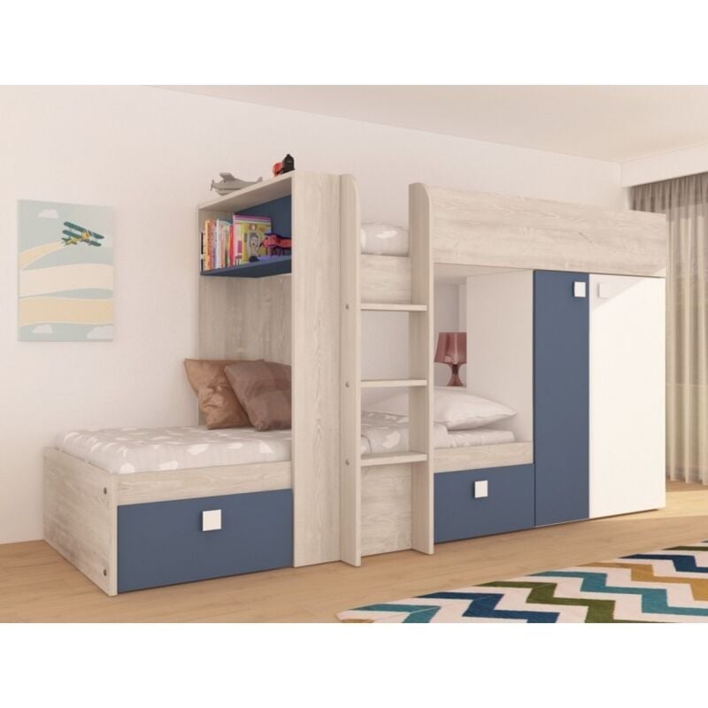 Abitare - Lit superposé 285x110x150 cm bleu fumée, chêne et blanc mat avec armoire et base de lit inférieure - Albenga