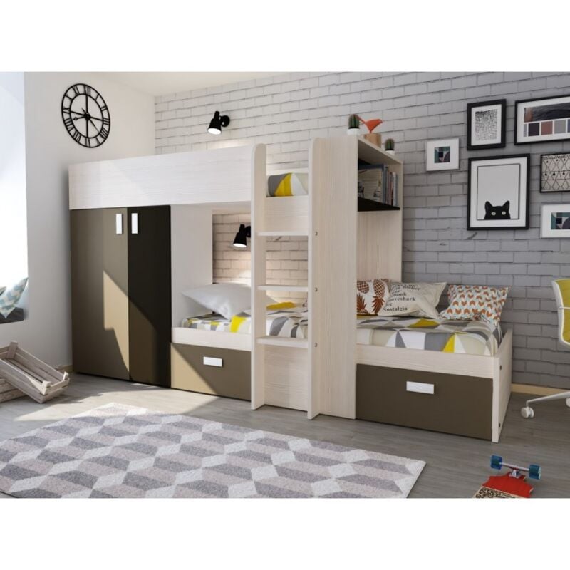 Lit superposé 285x148,2 cm moka chêne noir et blanc mat avec placard - Albenga