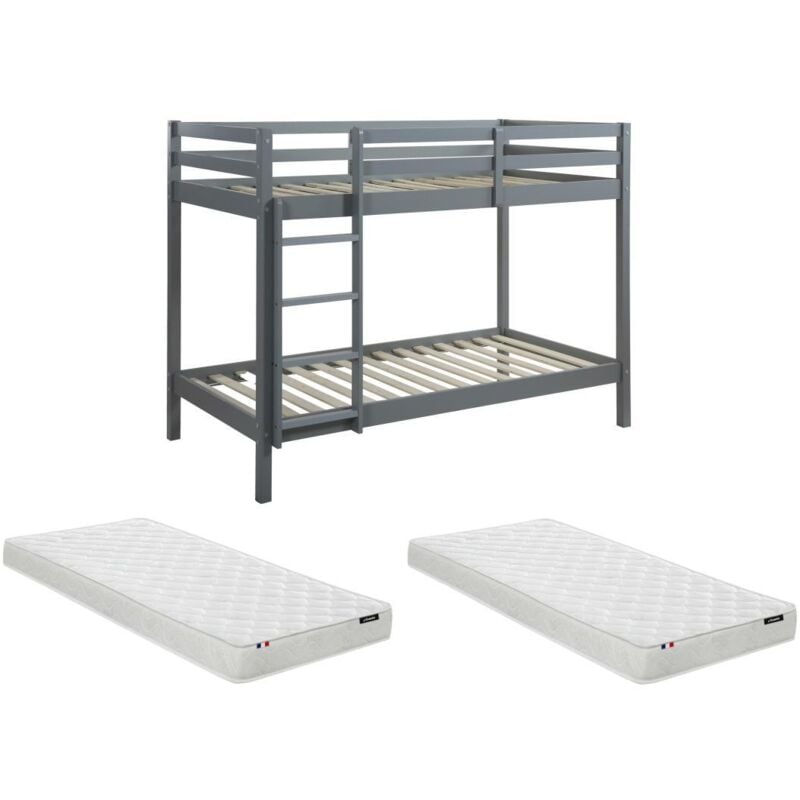 Vente-unique - Lits superposés anicet ii - 2 x 90 x 190cm - Pin Massif - Gris + matelas
