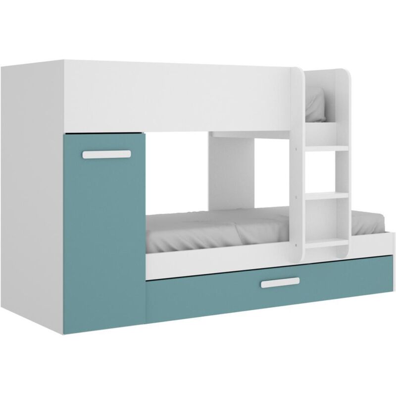 Dekit - Lits superposés avec tiroir lit gigogne et rangements 3 x 90 x 190 cm - Blanc, naturel et bleu - anthony