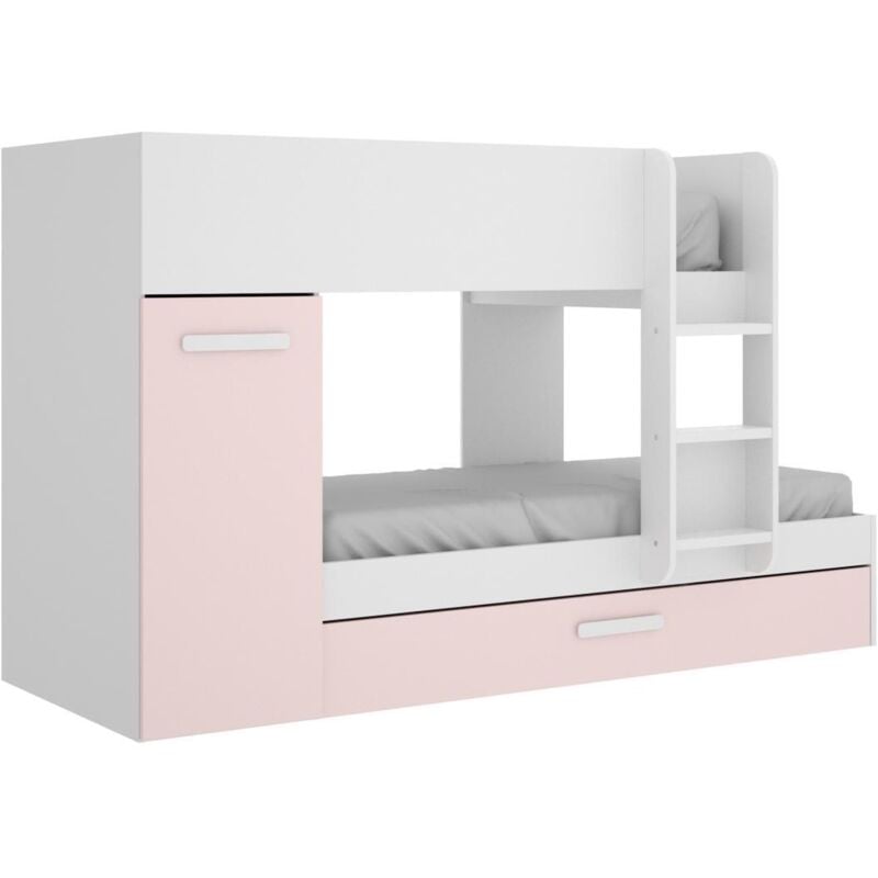 Dekit - Lits superposés avec tiroir lit gigogne et rangements 3 x 90 x 190 cm - Blanc, naturel et rose - anthony