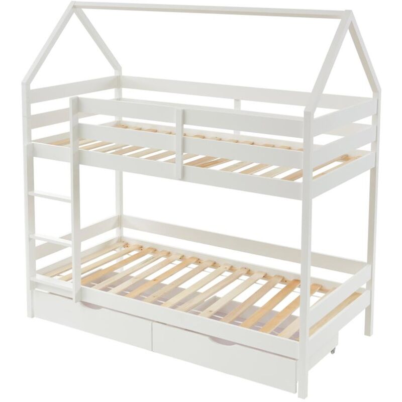 Vente-unique - Lits superposés cabane 2 x 90 x 190 cm - 2 tiroirs - Pin - Blanc - chori