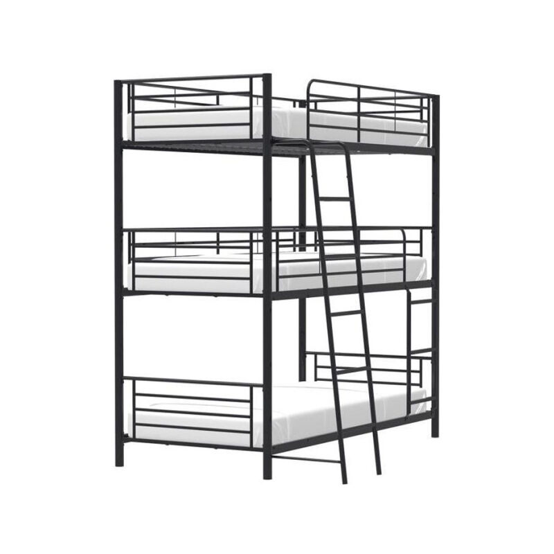 Lits superposés en métal - Noir - Sommiers inclus - 3x90x190 cm - TRIO