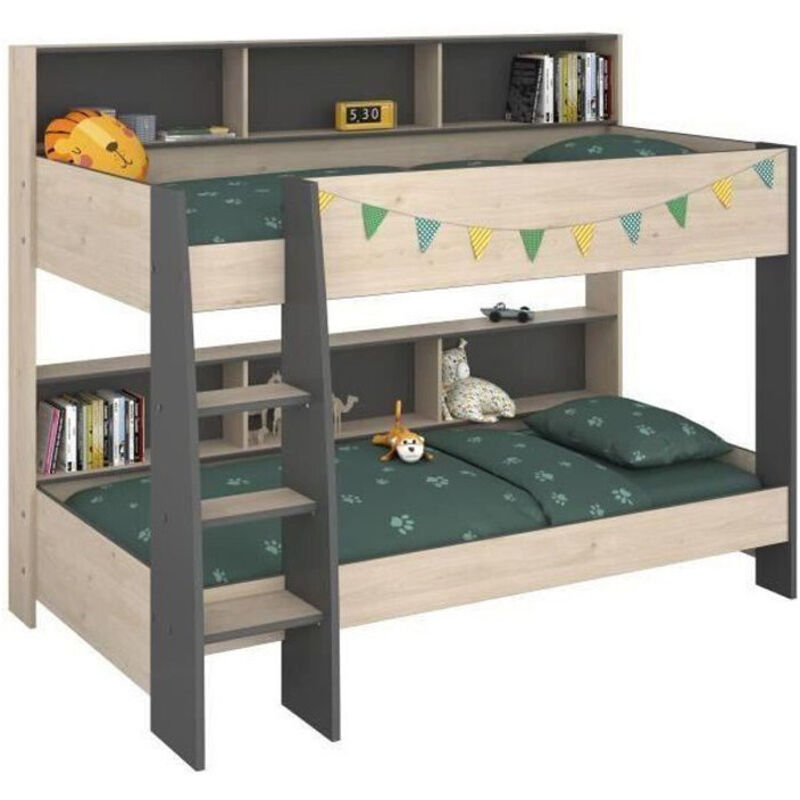 Calicosy - parisot Lits superposes enfant - Decor Chene Jackson et Gris Ombre - Sommiers inclus - 2 x 90 x 200 cm - jim