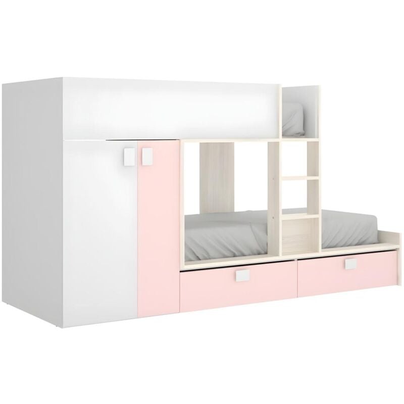 Dekit - Lits Superposés 2 x 90 x 190 cm - Armoire intégrée - Blanc, naturel et rose - juanito