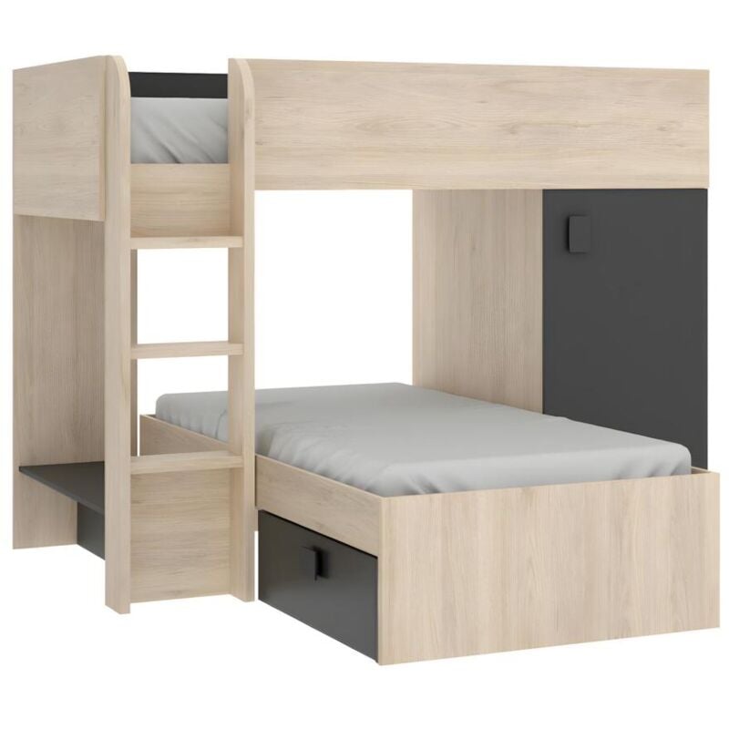 Lits superposés d'angle réversibles RICARDO - 2 x 90 x 190 cm - Rangements intégrés - Chêne et anthracite