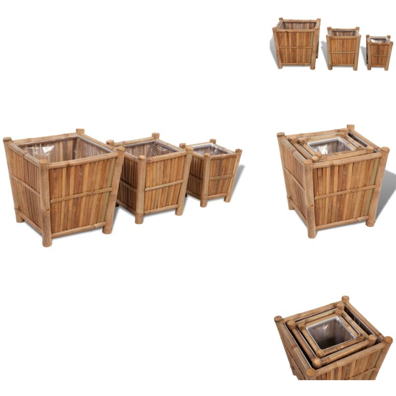 Lits surélevés en bambou avec doublure en nylon 3 pcs - Jardiniere En Bambou - Pots Surélevés - Bacs De Plantation - Décoration Jardin - Jardin