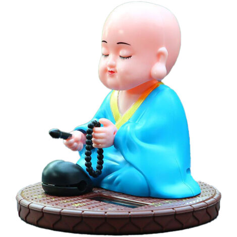 Little Monk Solar Ornament Auto Nodding Knocking Buddha Statue Toy for Car Dashboard Home Desktop Decor Chinese New Year Gift Blue