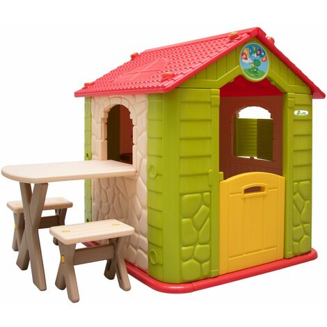 LittleTom Casa de Juegos para niños y niñas incl 1 mesa 2 taburetes Casita de plástico para interiores y exteriores Verde Beige