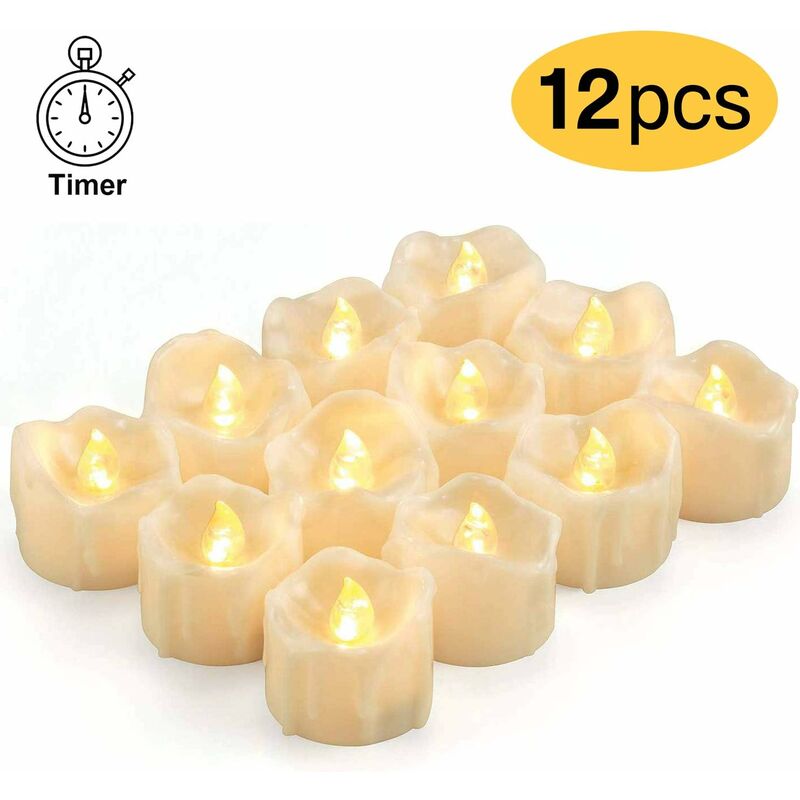 

12 velas LED con temporizador Velas sin llama que funcionan con pilas Vela LED tealight LED de llama realista para decoración, interior, exterior,
