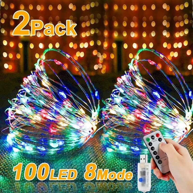 

2 luces de cadena, 100 LED, 10 m, cable plateado blanco cálido, enchufe USB con control remoto, luz de estrella para decoración navideña, fiesta,
