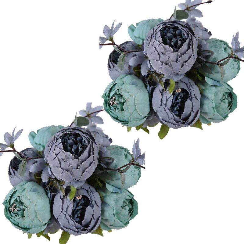 

2 piezas ramo de flores de seda de peonía artificial para decoración de fiesta de jardín de casa de boda (gris azul + verde)