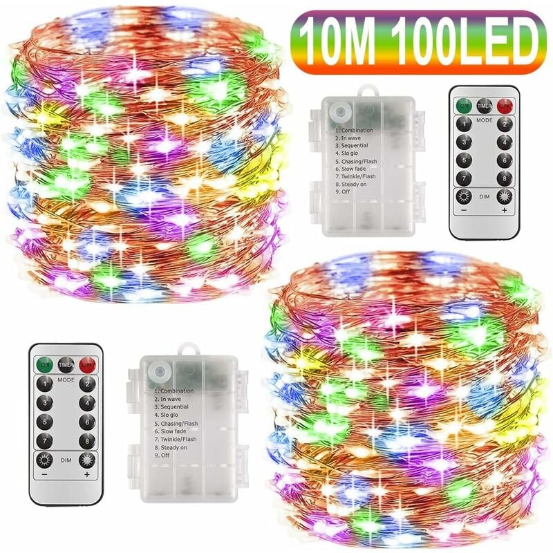 

2 x10m 100 LEDs Funciona con pilas Cadena de luces LED Función de temporizador con control remoto IP65 Impermeable Decoración interior y exterior