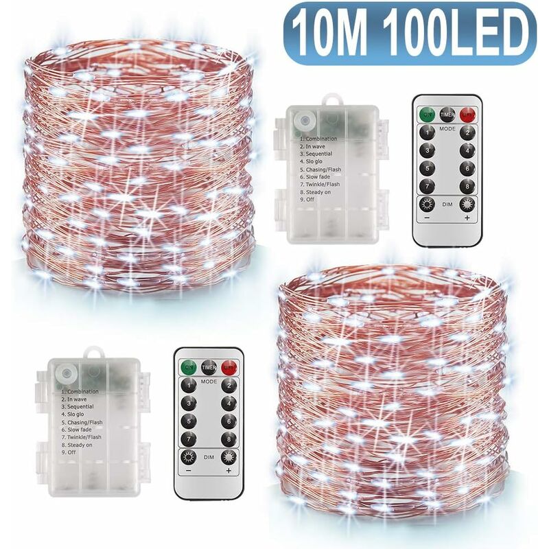 

2 x10m 100 LEDs Funciona con pilas Cadena de luces LED Función de temporizador con control remoto IP65 Impermeable Decoración interior y exterior