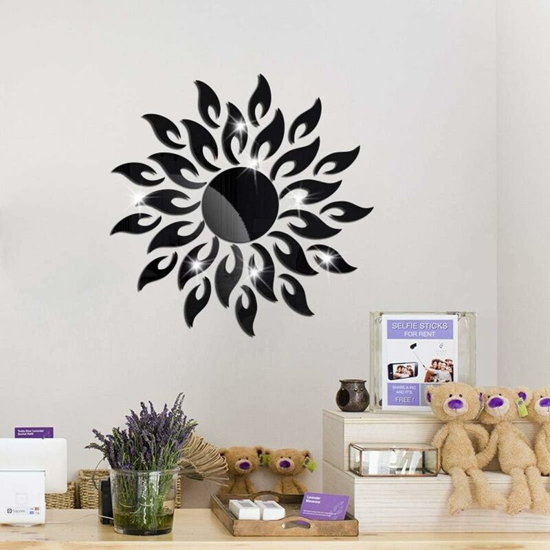 

Litzee - 27 piezas Fleur du Soleil espejo adhesivo negro, espejo acrílico brillante para decoración de pared, espejo adhesivo de pared 3D moderno