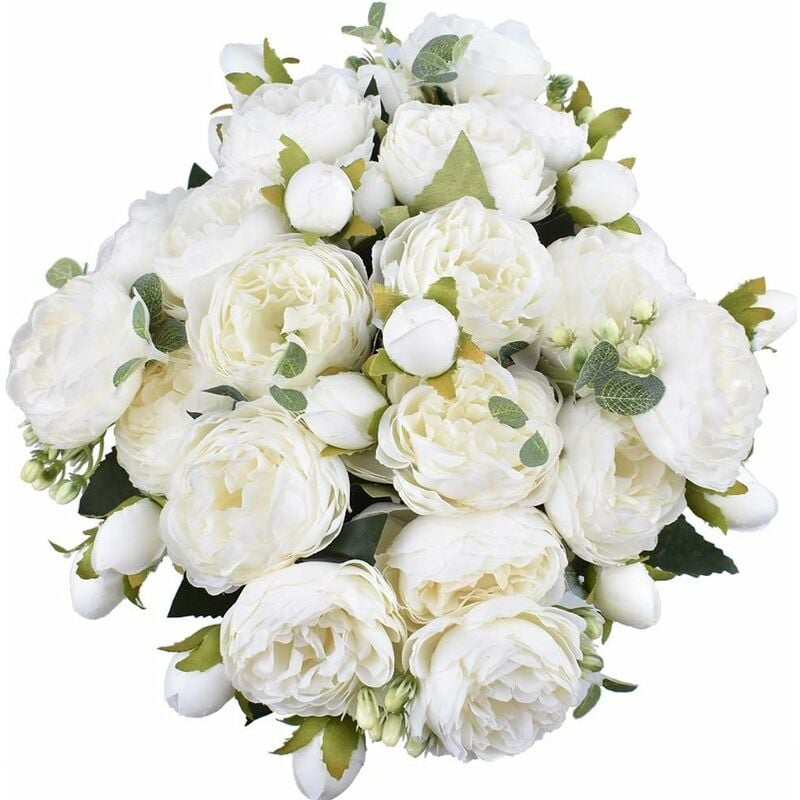 

4 ramos de flores de peonía de seda artificial gloriosa flor falsa para la decoración del hogar nupcial del banquete de boda, 5 tenedores, 9 cabezas